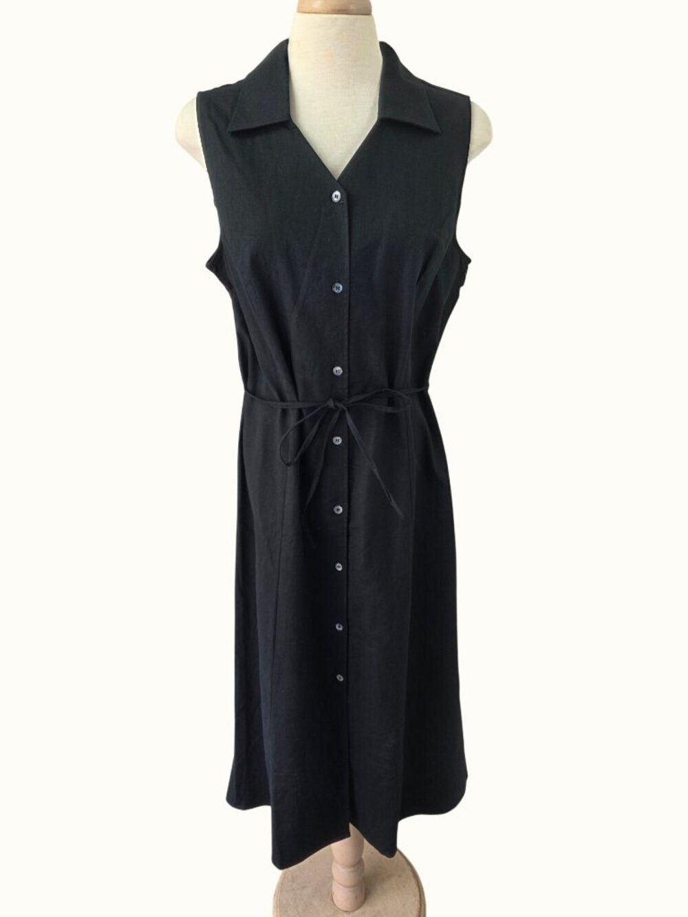 Jacklyn Smith Black Linen Cotton Belted Dress Size 16 Sleeveless Button Front